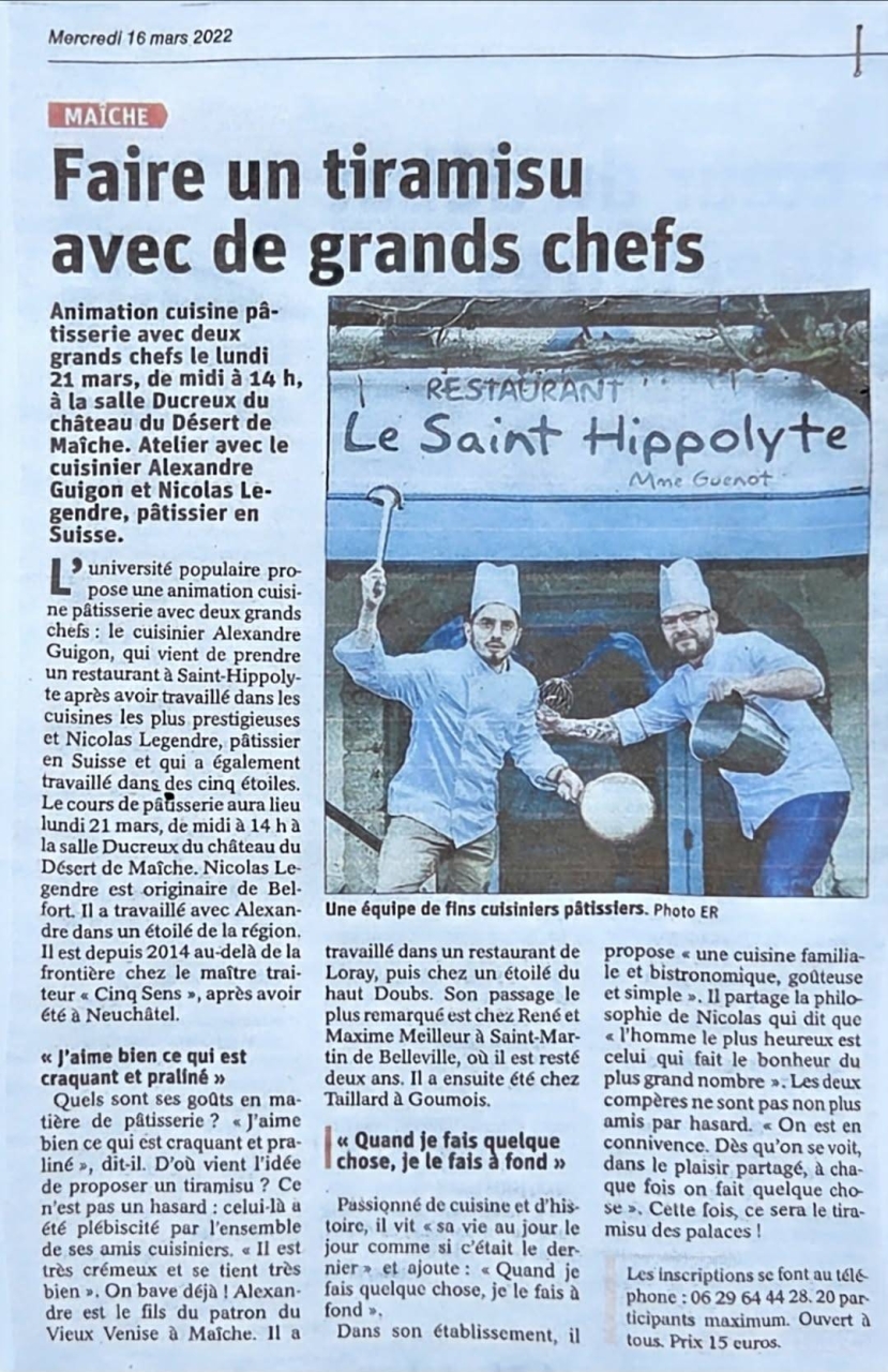 Presse - Le Saint Hippolyte - Restaurant Pays de Montbéliard - Restaurant Saint Hippolyte 25 - Restaurant Saint Hippolyte - restaurant sympa SAINT-HIPPOLYTE